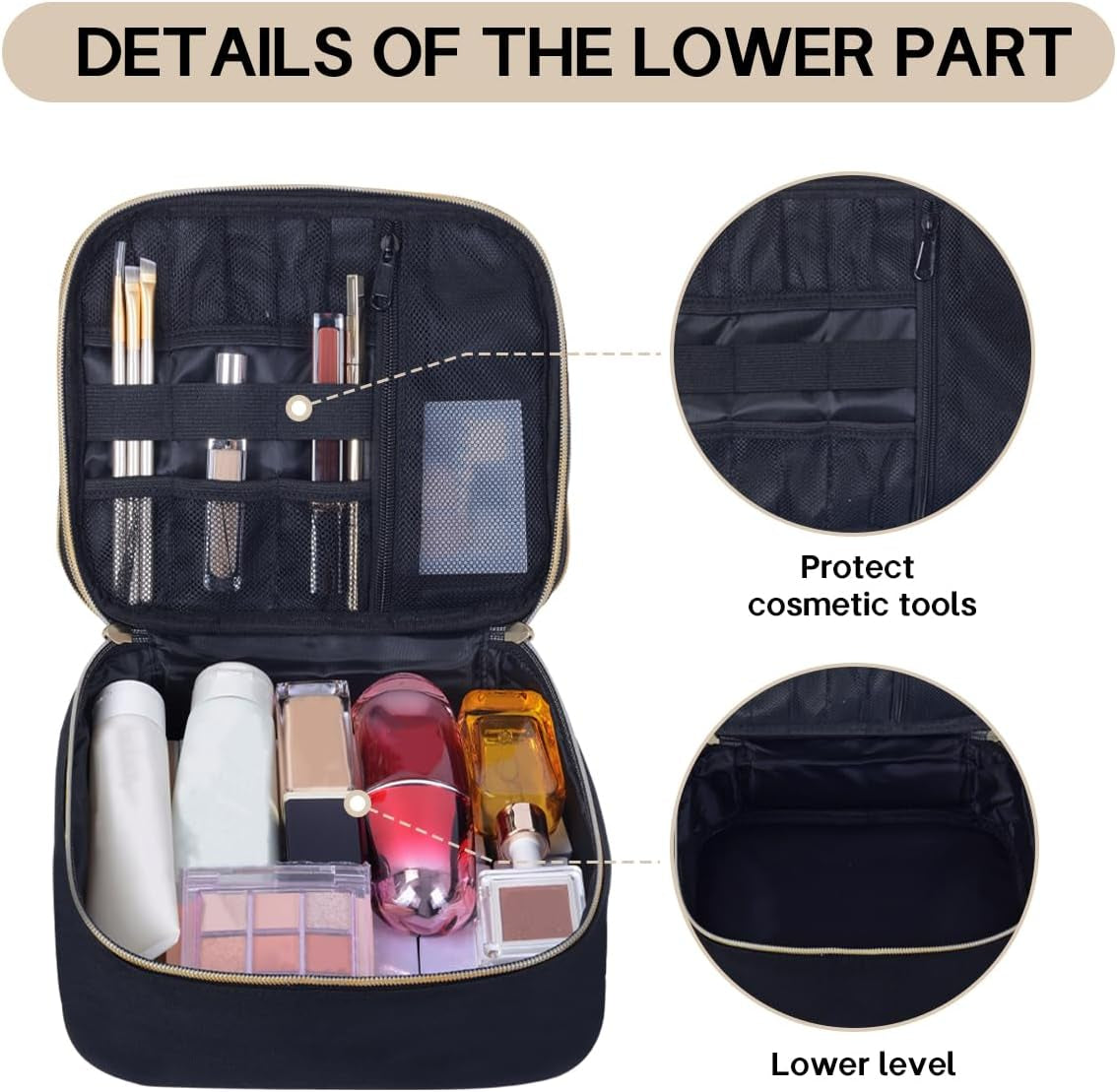 Double Layer Makeup Bag with Adjustable Dividers, Black