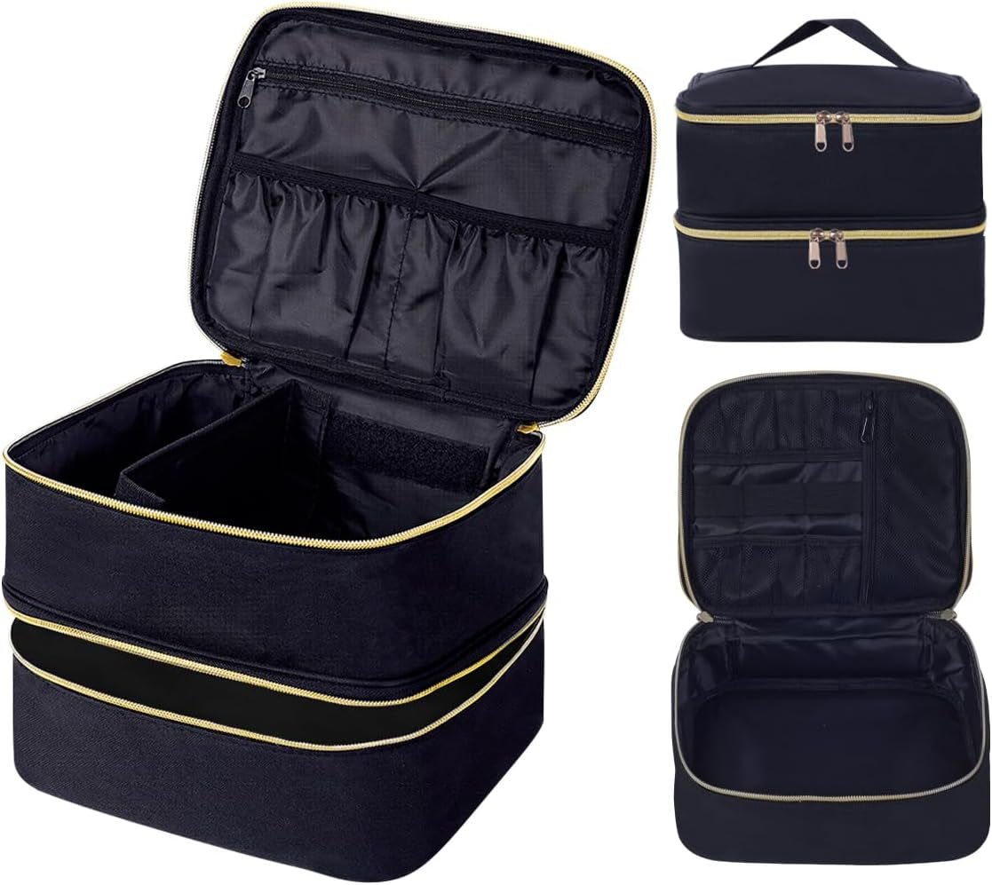 Double Layer Makeup Bag with Adjustable Dividers, Black