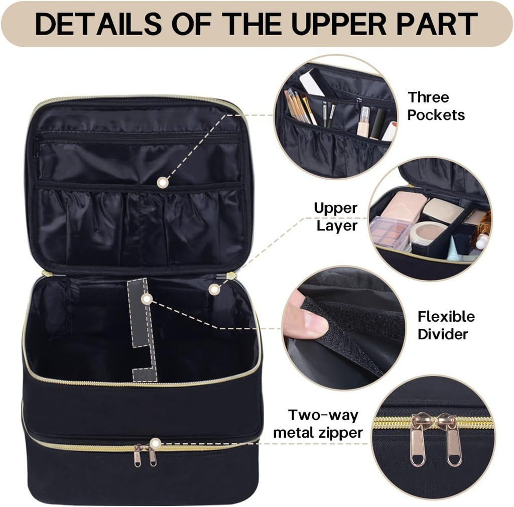 Double Layer Makeup Bag with Adjustable Dividers, Black